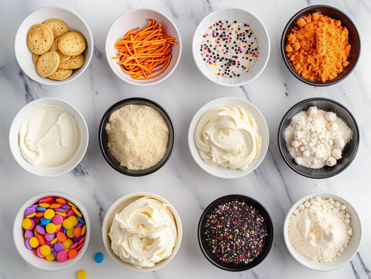 Ingredients for No Bake Halloween Cheesecake including graham crackers, cream cheese, sweetened condensed milk, and Halloween candy