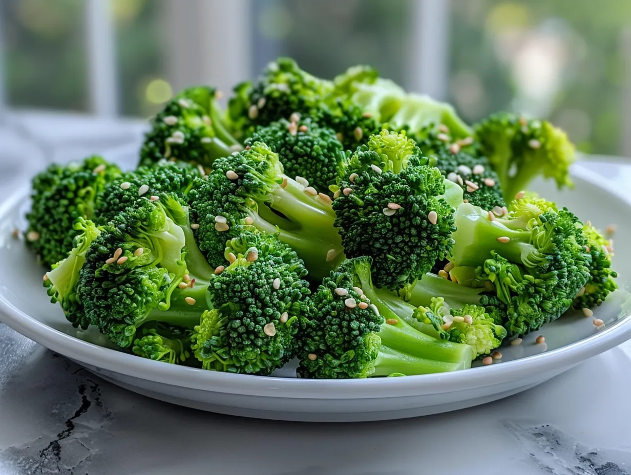 A plate piled high with perfectly roasted Crack Broccoli, showcasing its crispy edges and vibrant green color.
