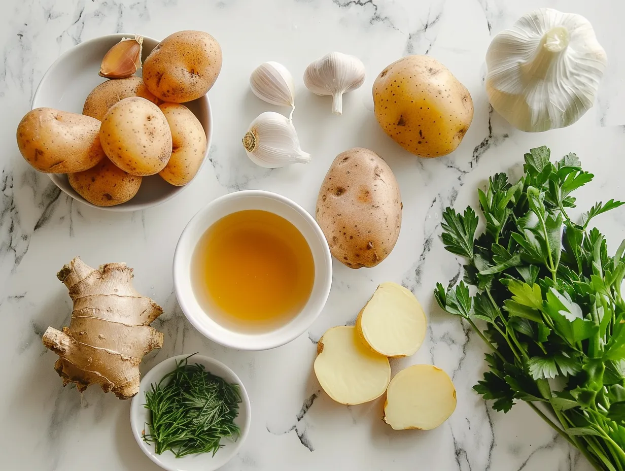 Ingredients for Copycat Outback Potato Soup Recipe laid out on a marble surface.