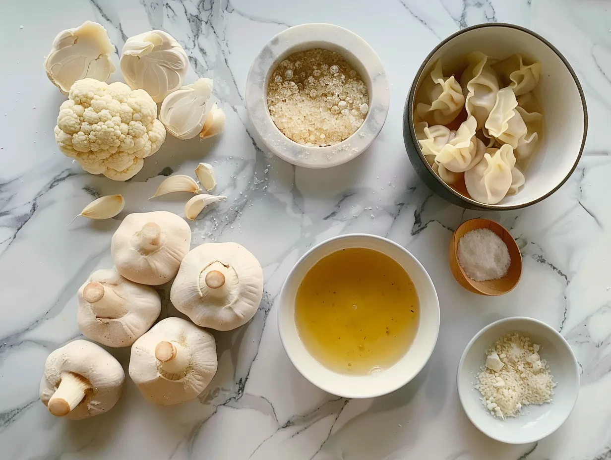 Ingredients for making homemade potsticker soup including olive oil, onion, garlic, chicken broth, water, carrots, celery, bok choy, potstickers, soy sauce, rice vinegar, sesame oil, and green onions.