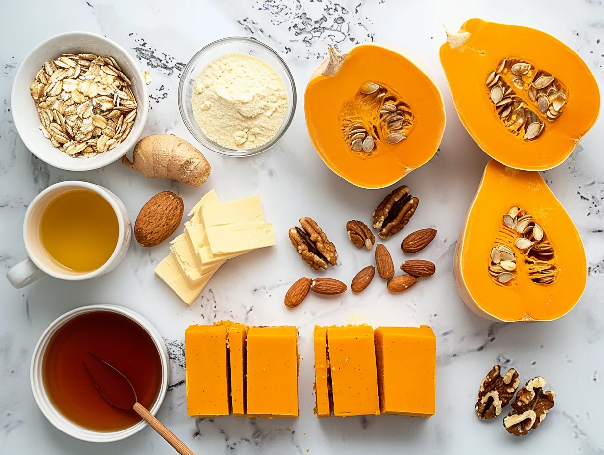 Ingredients for making pumpkin bars including flour, sugar, spices, pumpkin puree, and eggs.