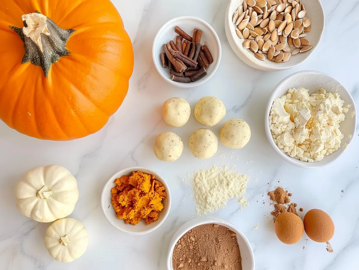 Ingredients for pumpkin cheesecake truffles: cream cheese, pumpkin puree, sugars, spices, vanilla, chocolate chips, and optional toppings.