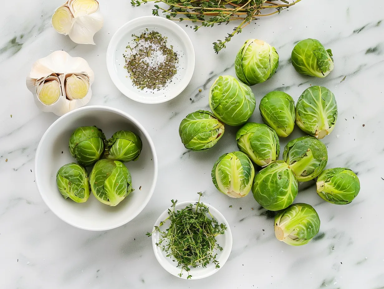Ingredients for Roasted Brussel Sprouts: raw Brussel sprouts, olive oil, salt, and pepper on a white marble surface.