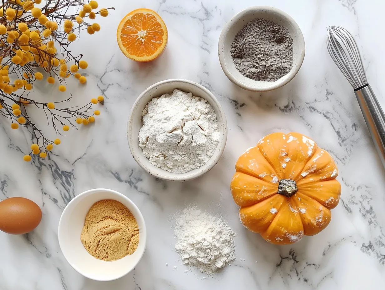 Raw ingredients for Halloween Crinkle Cookies including butter, sugar, cocoa powder, and flour