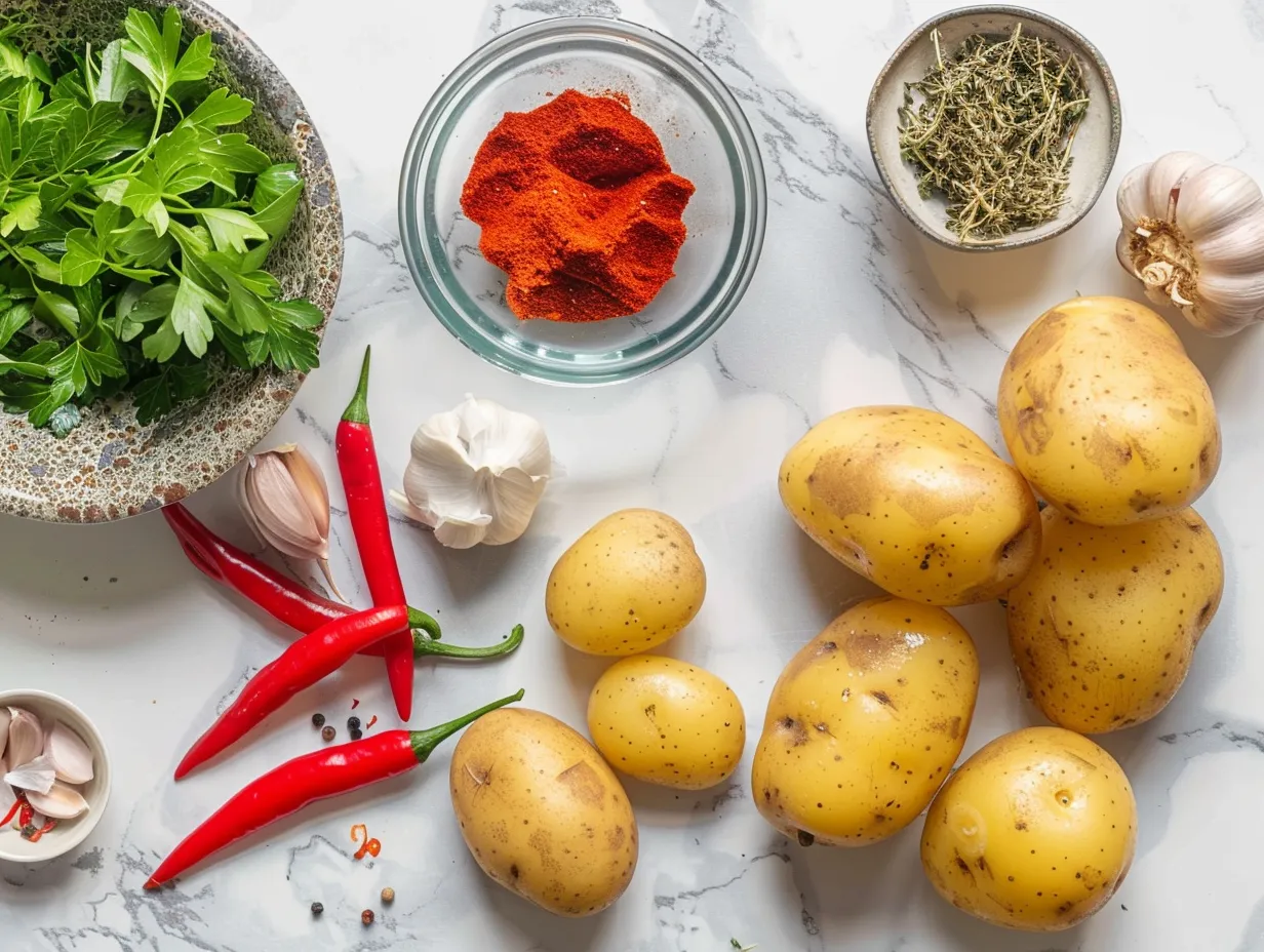 Raw ingredients for preparing creamy Cajun potato soup recipe: potatoes, sausage, peppers, and spices.