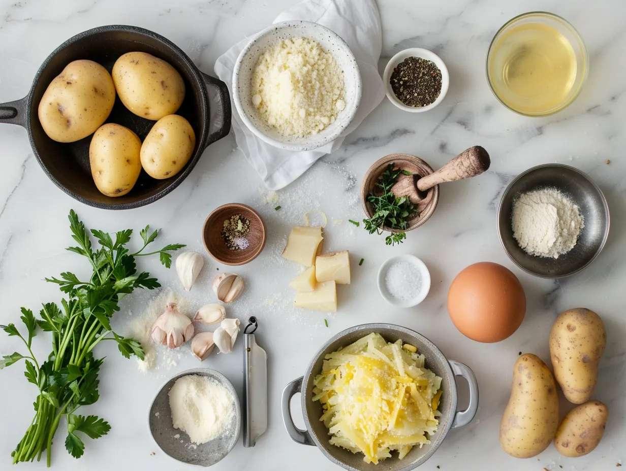 Ingredients for cheesy hamburger potato soup including ground beef, potatoes, onions, garlic, and cheese arranged on a marble surface