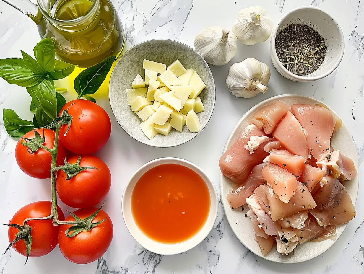 Raw ingredients for making Chicken Parmesan Soup, including chicken, vegetables, herbs, and Parmesan cheese.