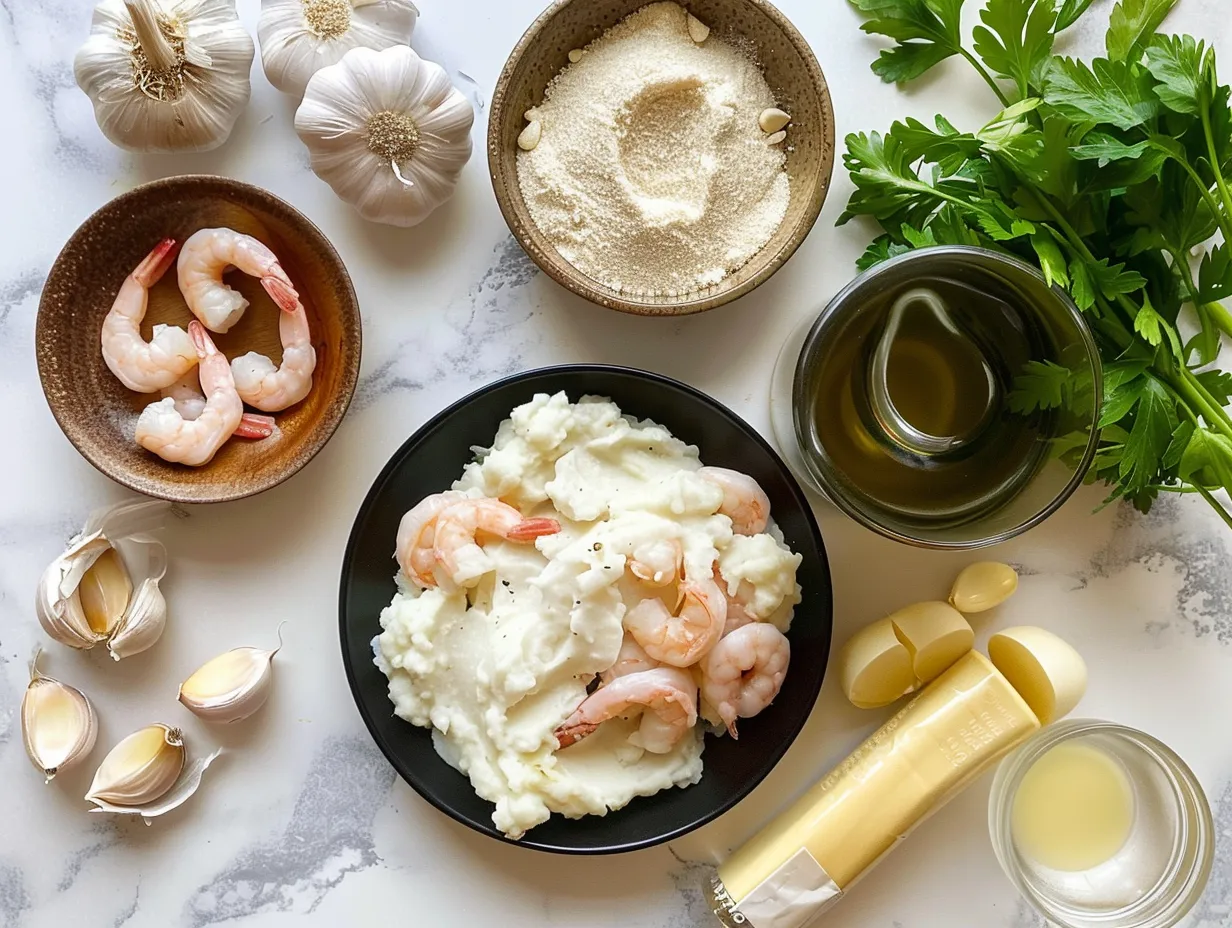 A photo of the raw ingredients needed to make creamy garlic shrimp over mashed potatoes.