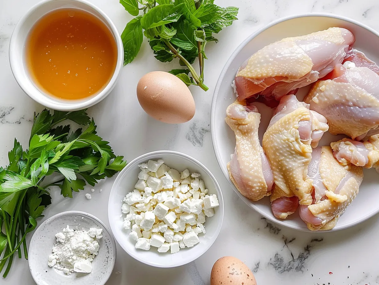 Raw ingredients for crispy feta chicken with hot honey, including chicken breasts, feta cheese, olive oil, garlic powder, oregano, red pepper flakes, salt, pepper, hot honey, and fresh parsley.