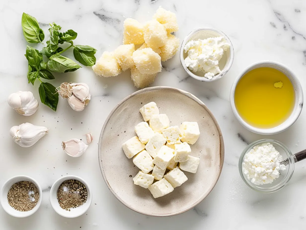 Raw ingredients for fried brie bites, including brie cheese, flour, eggs, panko breadcrumbs, vegetable oil, honey, salt, and pepper, laid out on a white marble surface.