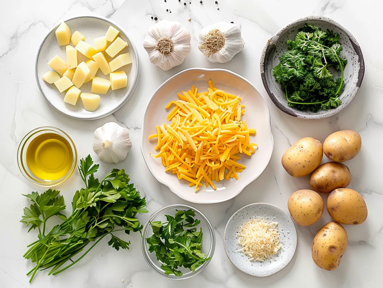 Ingredients for making garlic cheddar potato soup including potatoes, cheese, bacon, and garlic.