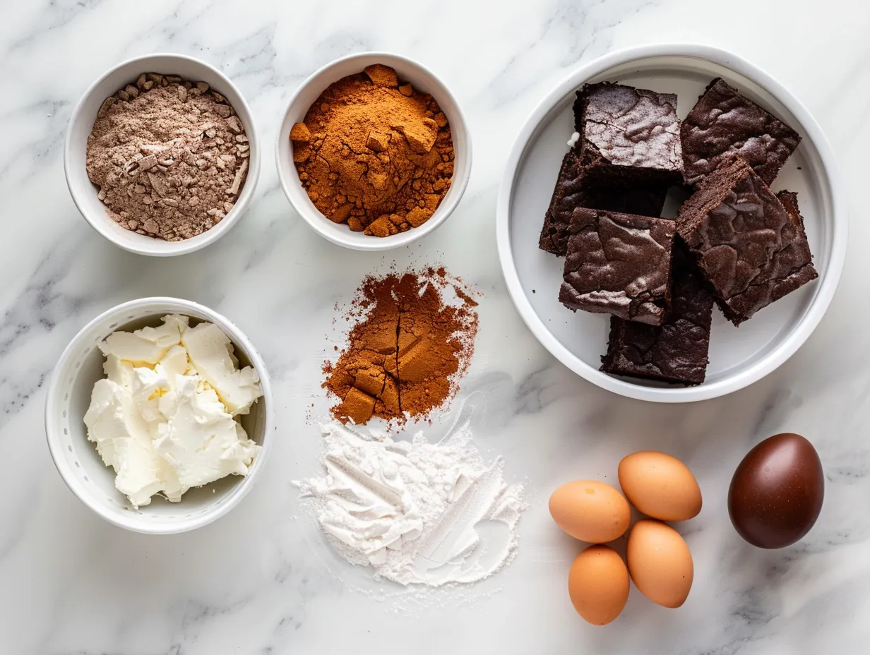 Ingredients for Loaded Cream Cheese Halloween Brownies: butter, sugar, eggs, vanilla, flour, cocoa powder, baking powder, salt, chocolate chips, cream cheese, and orange food coloring.