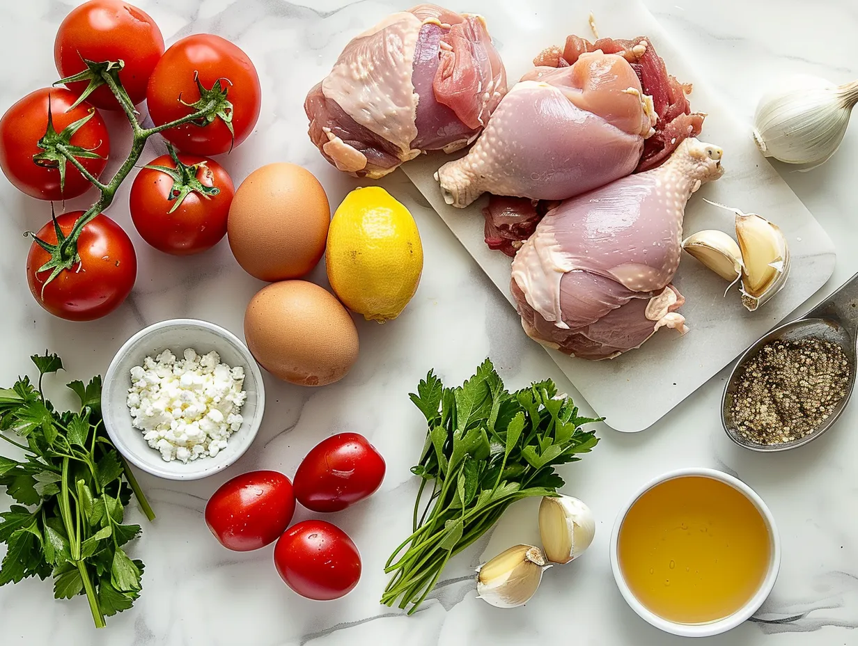 Ingredients for Hot Honey Infused Feta Chicken: chicken breasts, feta cheese, hot honey, olive oil, garlic, lemon, and oregano