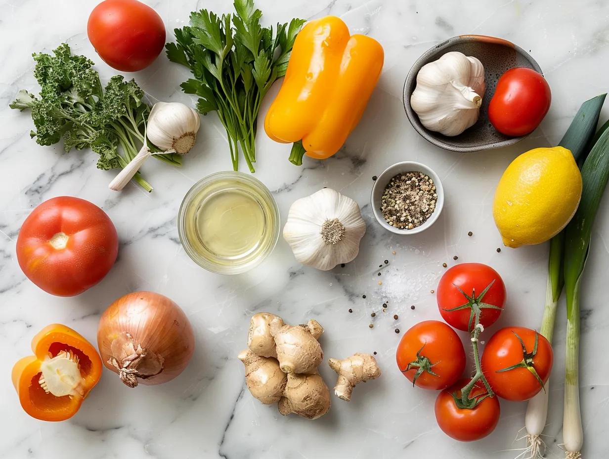 Raw ingredients for Italian Penicillin Soup, including chicken broth, eggs, Parmesan cheese, parsley, olive oil, and pasta.