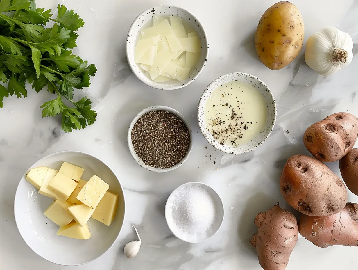 Raw ingredients needed to make Loaded Baked Potato Soup including potatoes, bacon, onions, garlic, flour, and cheese.
