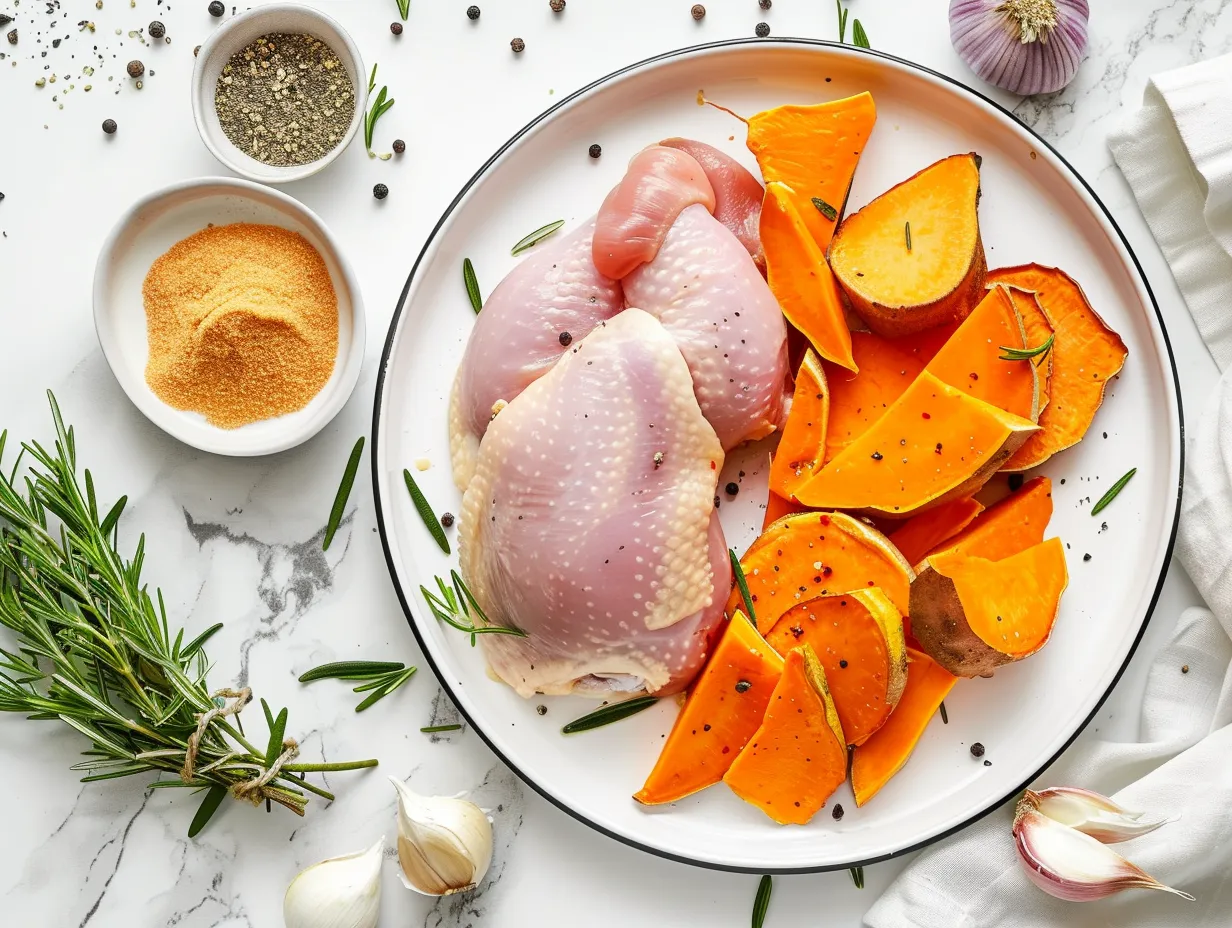 Raw ingredients arranged for making Maple-Glazed Chicken with Sweet Potatoes including chicken thighs, sweet potatoes, maple syrup, and spices.