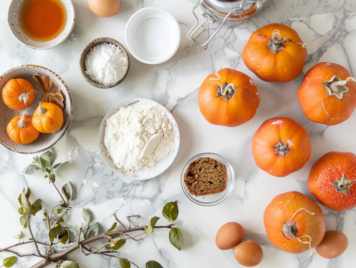Ingredients needed to bake persimmon bread including flour, sugar, spices, eggs, and ripe persimmons