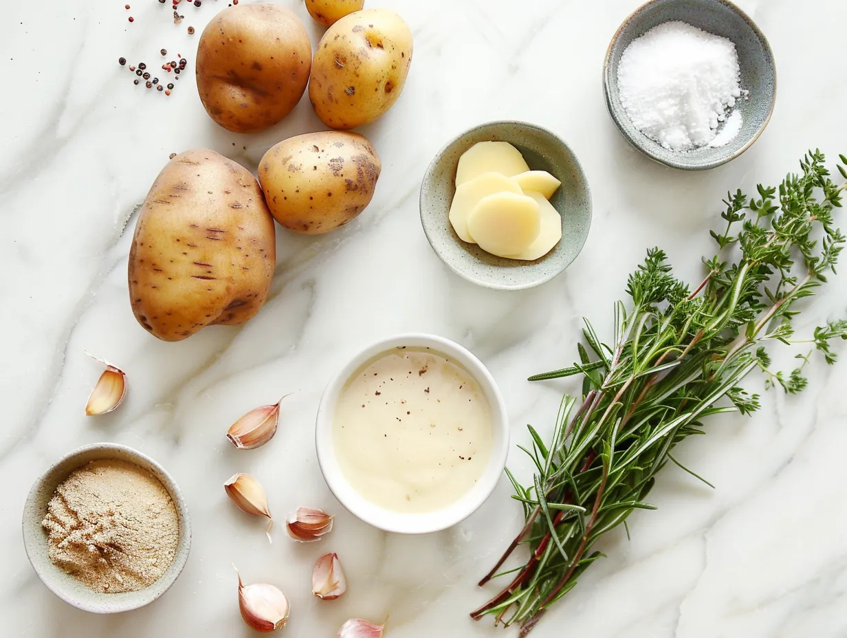 Raw ingredients for potato soup laid out on a wooden surface