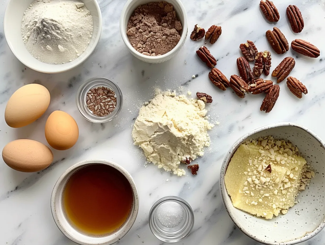 Raw ingredients needed to make salted maple pecan pie bars including flour, pecans, butter, maple syrup and salt