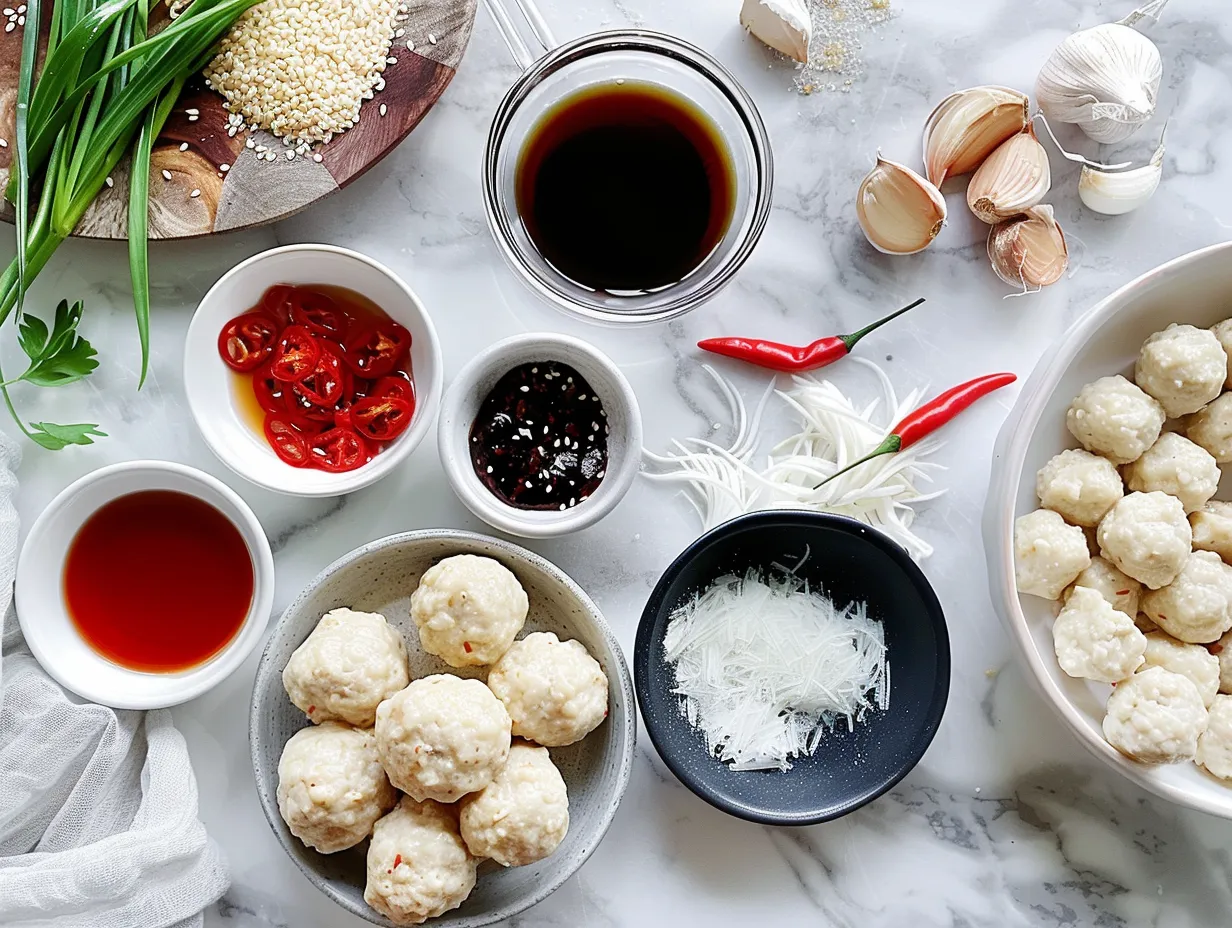 A selection of raw ingredients for preparing Sesame Ginger Chicken Meatballs with Sweet Chili Glaze, including ground chicken, panko breadcrumbs, ginger, garlic, and various sauces.