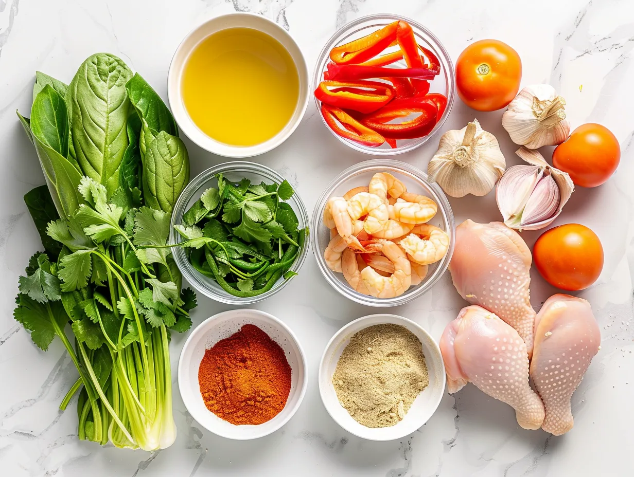 Fresh raw ingredients for Simple Thai Chicken Soup laid out on a wooden surface, including chicken, vegetables, herbs, and spices.