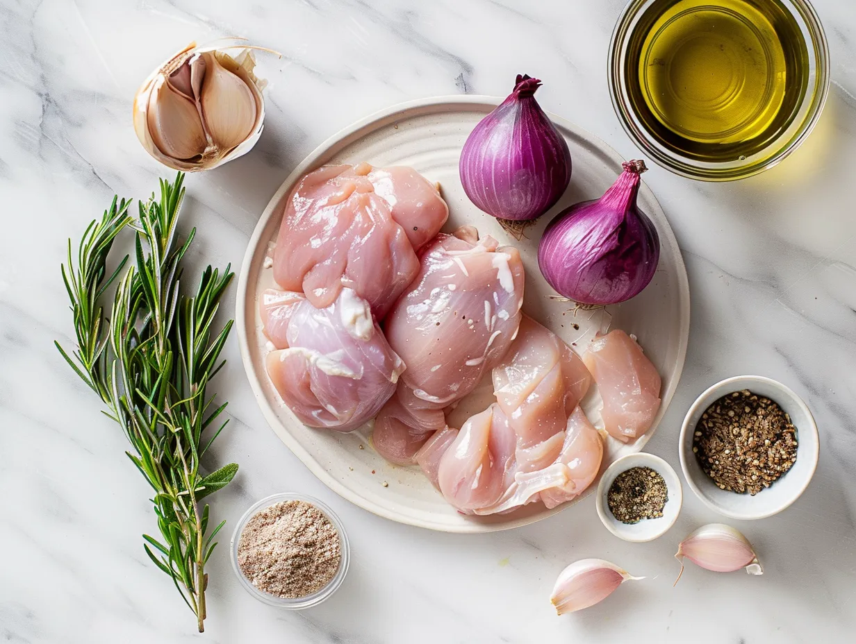 Ingredients for Sour Cream and Onion Chicken: Chicken breasts, sour cream, dry onion soup mix, milk, parsley, garlic powder, salt, pepper, and shredded cheddar cheese.