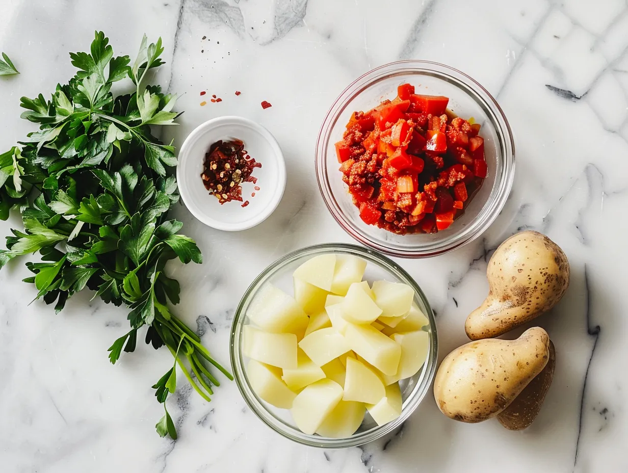 Raw ingredients for Spanish Potato Soup with Chorizo, including potatoes, chorizo, garlic, onion, and spices.