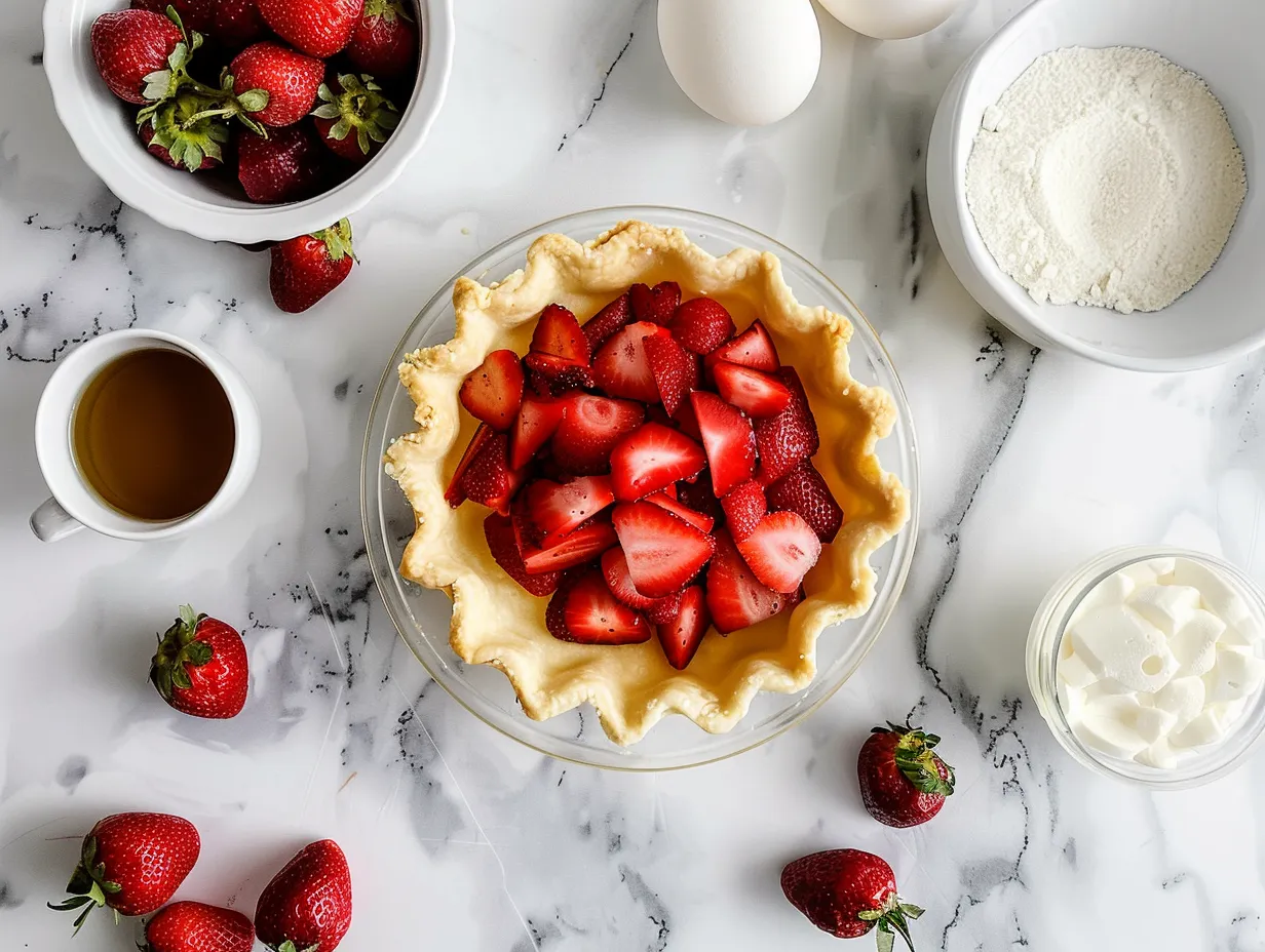 Fresh ingredients for strawberry pie including strawberries, lemon, butter, sugar, cornstarch, and pie crust