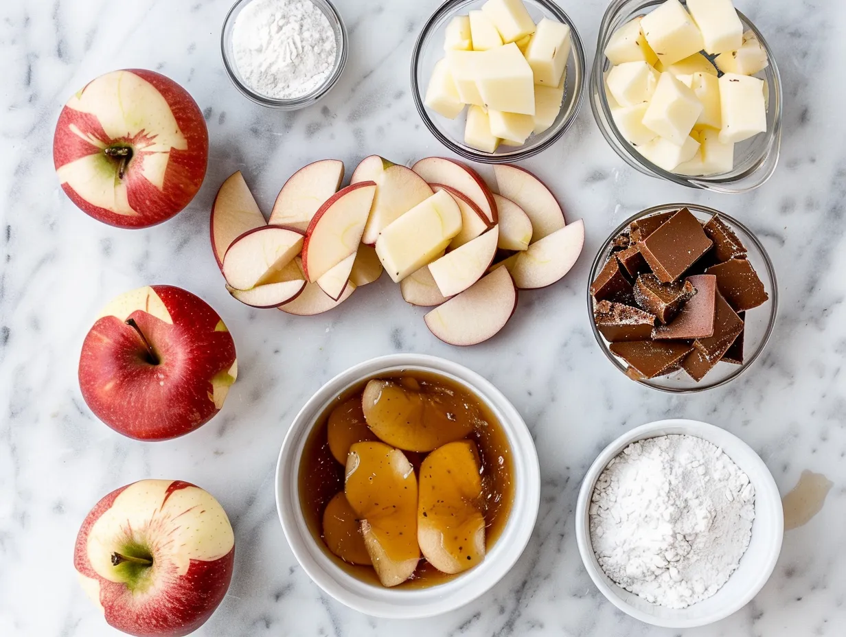 Ingredients for making Samoa Caramel Apple Slices laid out on a wooden surface