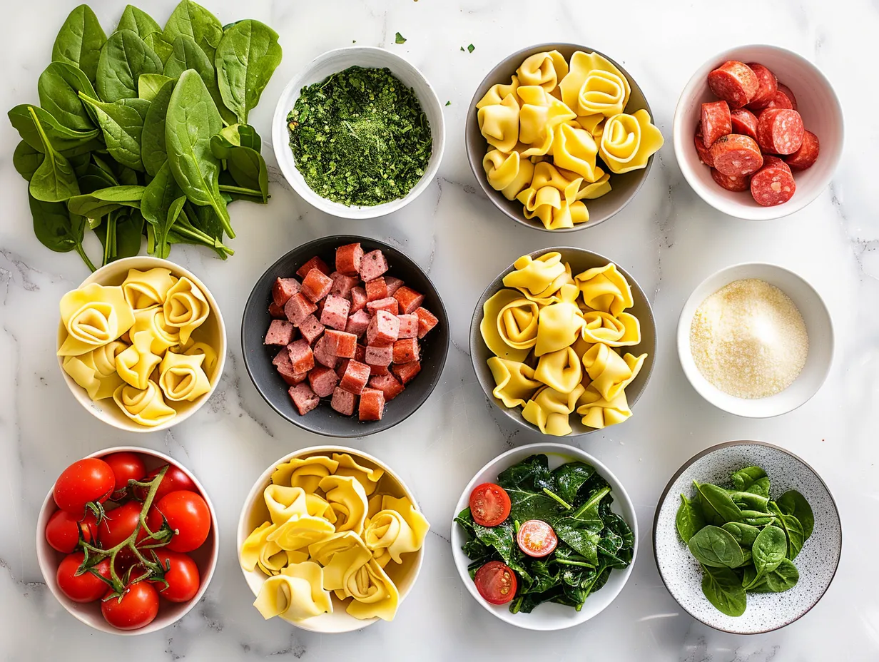 Sausage and Tortellini Soup Ingredients laid out on a wooden surface, including sausage, tortellini, spinach, and spices.