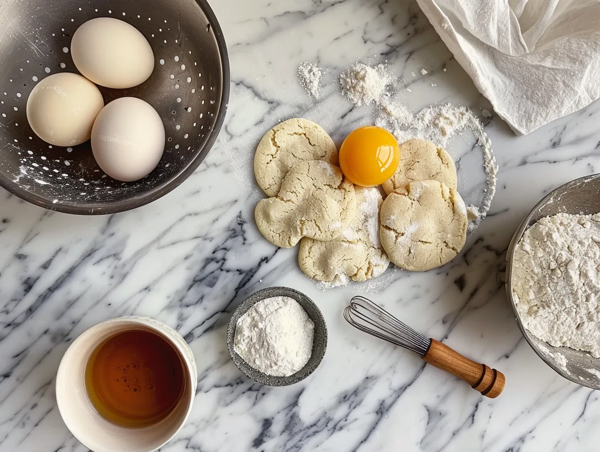 Ingredients for making Sugar Cookies, including flour, sugar, butter, eggs, and vanilla extract.