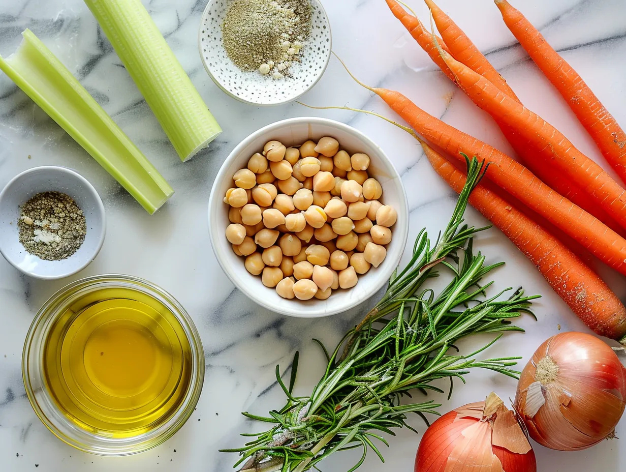 Ingredients for Tuscan Chickpea Soup including chickpeas, vegetables, broth, and spices.