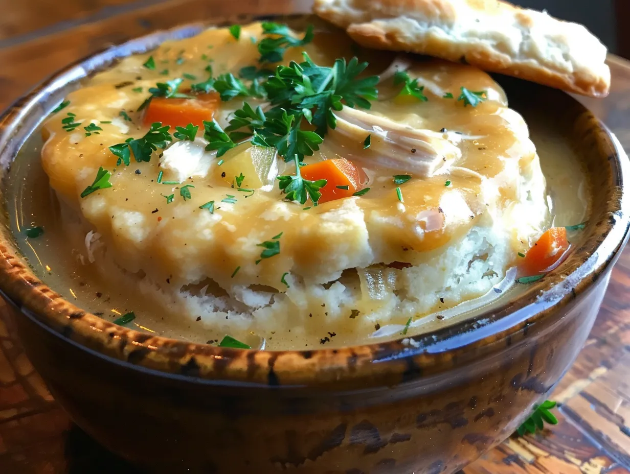 A bowl of warm and comforting Chicken Pot Pie Soup, garnished with fresh parsley, perfect for a cozy meal.