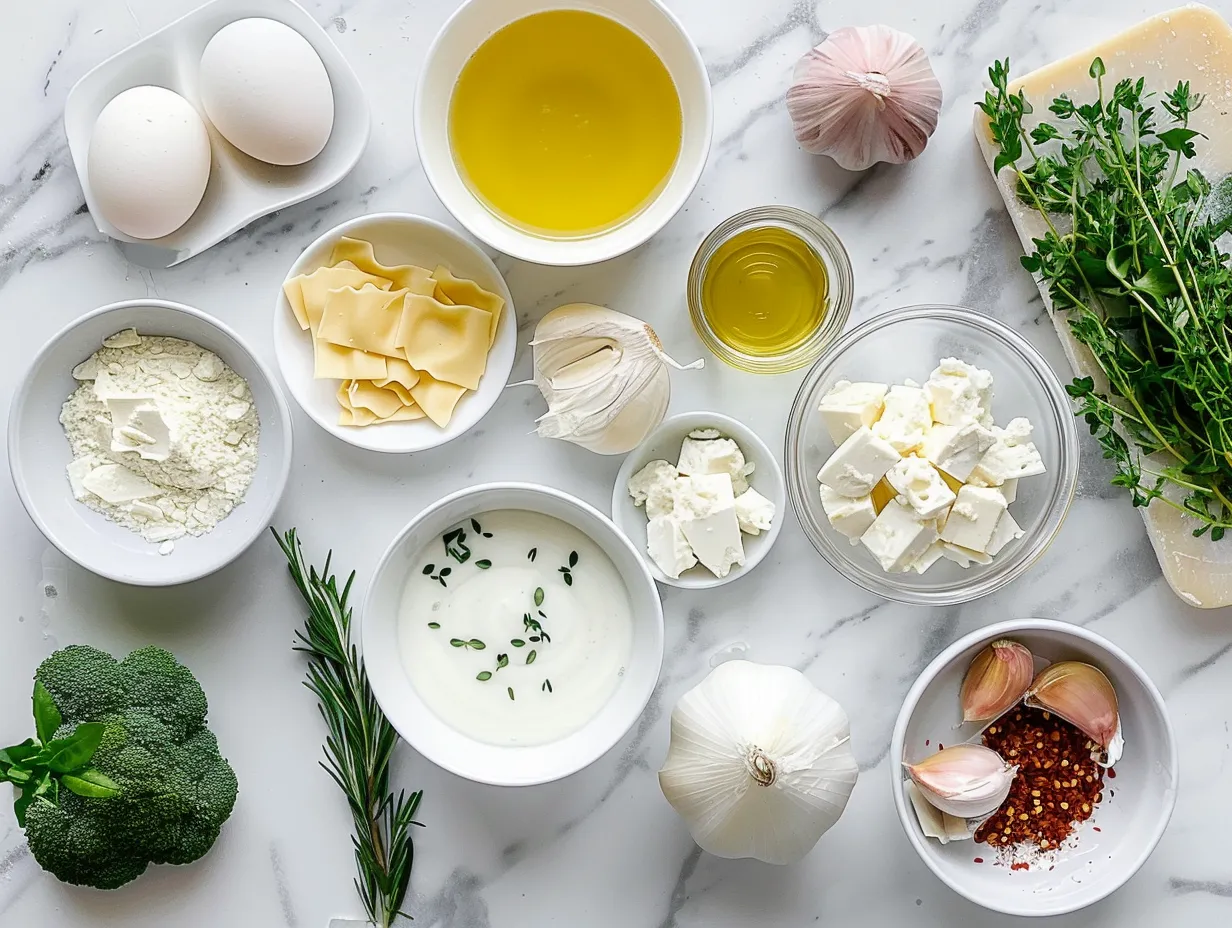 Ingredients for making white lasagna soup, including sausage, vegetables, noodles, and cheese