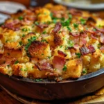 A steaming dish of Bacon Cornbread Stuffing, fresh from the oven.
