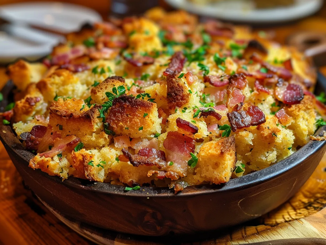A steaming dish of Bacon Cornbread Stuffing, fresh from the oven.