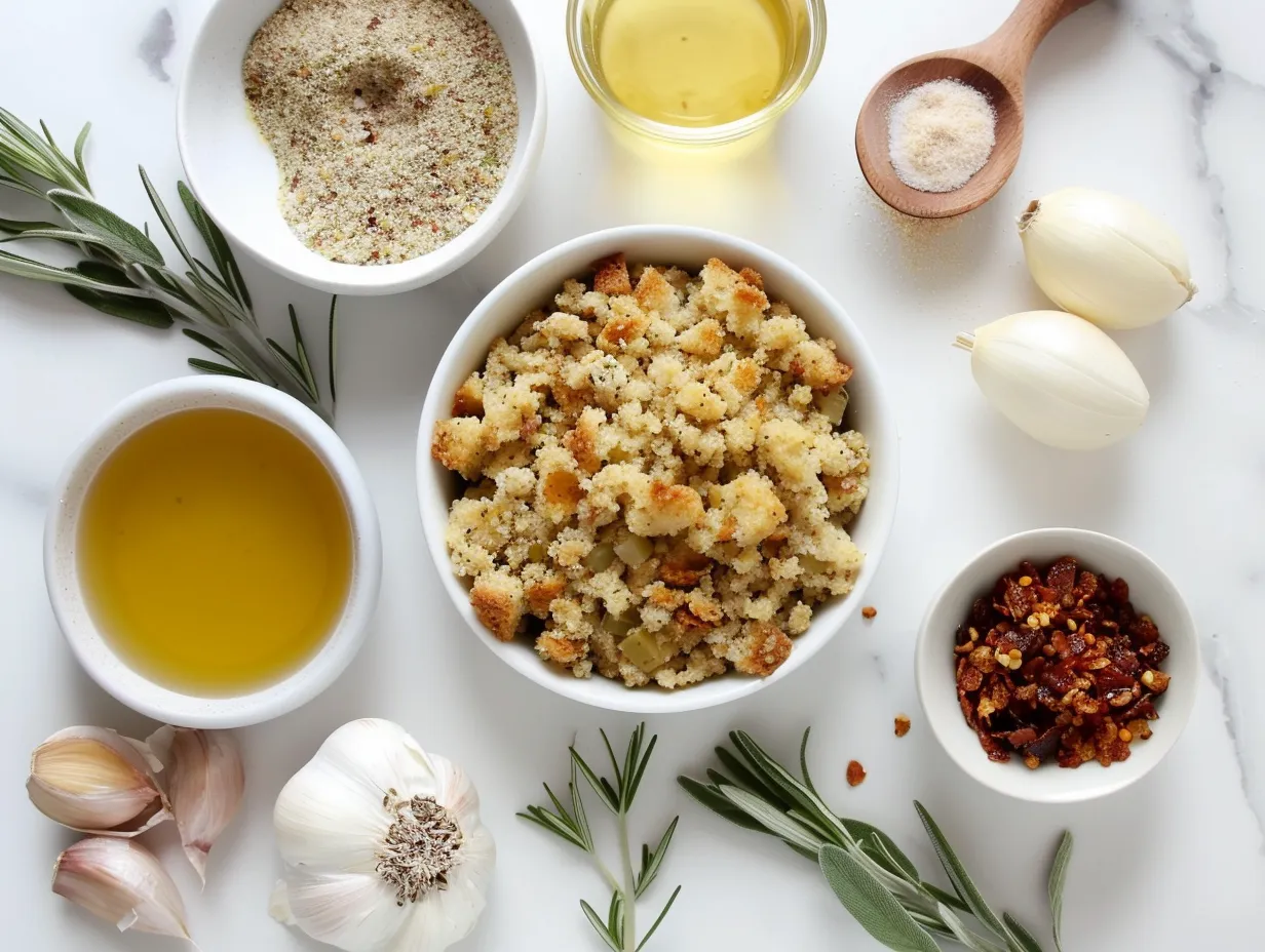 A vibrant collage of fresh ingredients for preparing bacon cornbread stuffing.