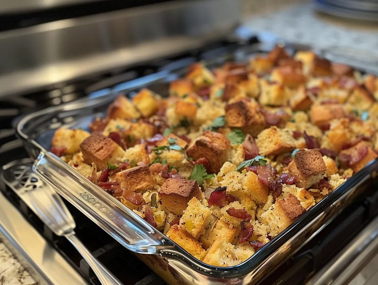 A warm, inviting image of finished bacon cornbread stuffing ready to be served.