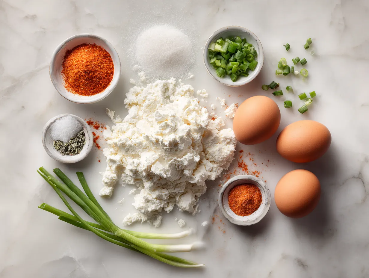 All the fresh ingredients for making Buffalo Chicken Dip laid out on a wooden surface.