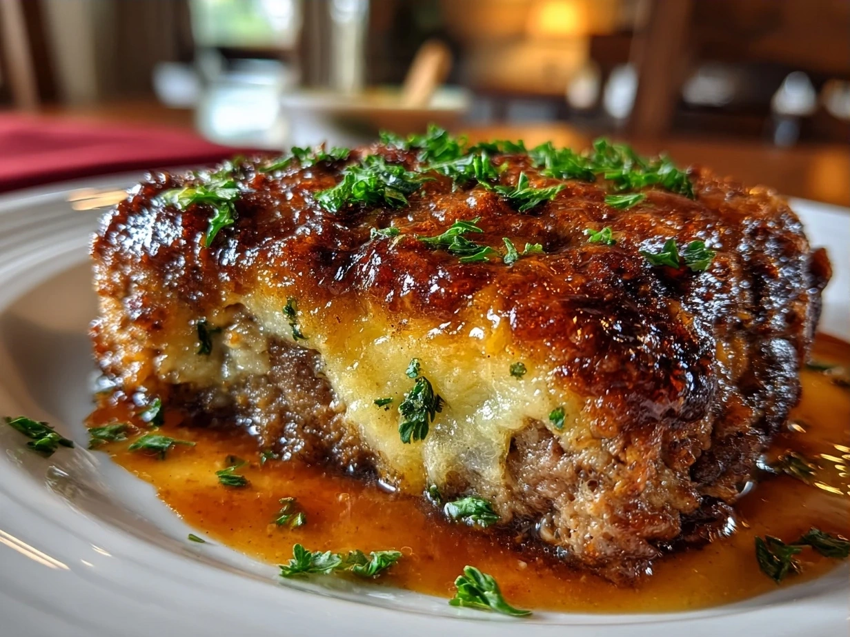 Finished Amish Hamburger Steak Bake with melted cheese and bubbly potatoes.
