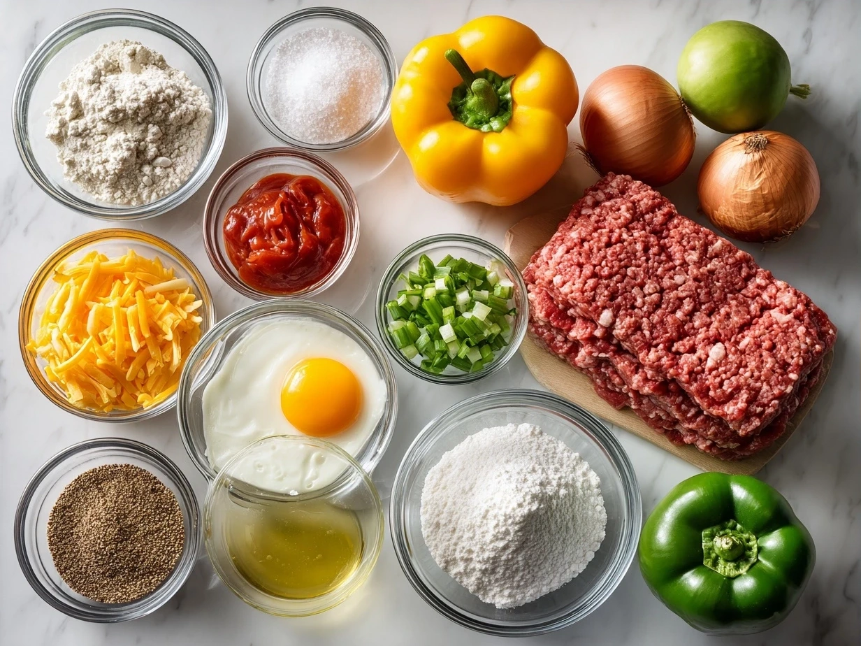 Ingredients for Amish Hamburger Steak Bake including ground beef, potatoes, onion, garlic, cream of mushroom soup, cheddar cheese, milk and butter.
