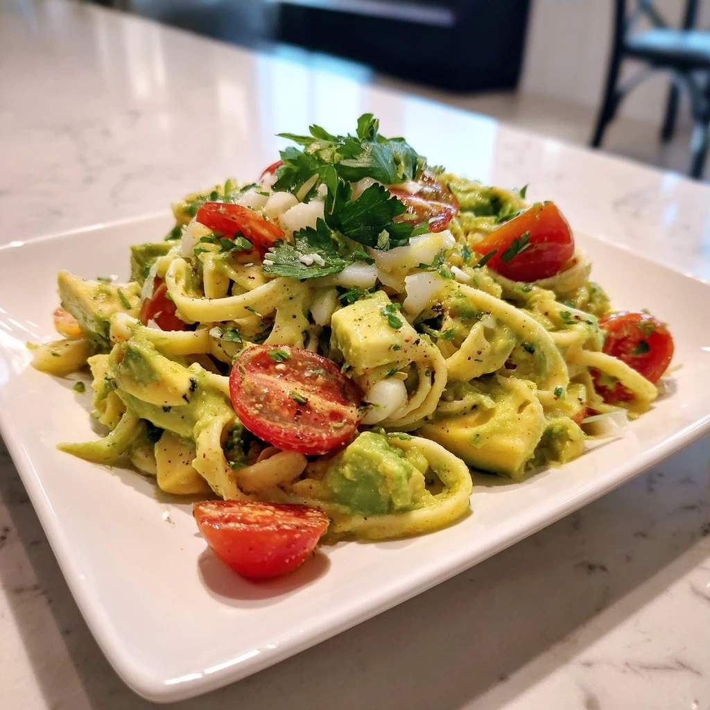 Close up of completed Avocado Pasta Salad with fresh herbs and vibrant colors