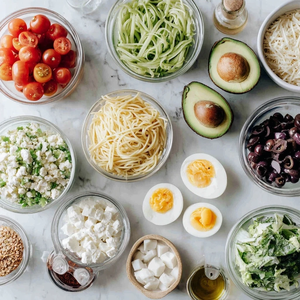 Ingredients for Avocado Pasta Salad including pasta, avocados, olive oil, lime, garlic, cilantro, vegetable broth, salt, pepper, cherry tomatoes, red onion, corn, black beans, grilled chicken, shrimp, and feta cheese