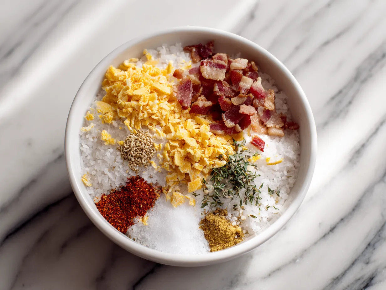 Ingredients for making a Bacon Cheddar Cheese Ball arranged on a marble surface.