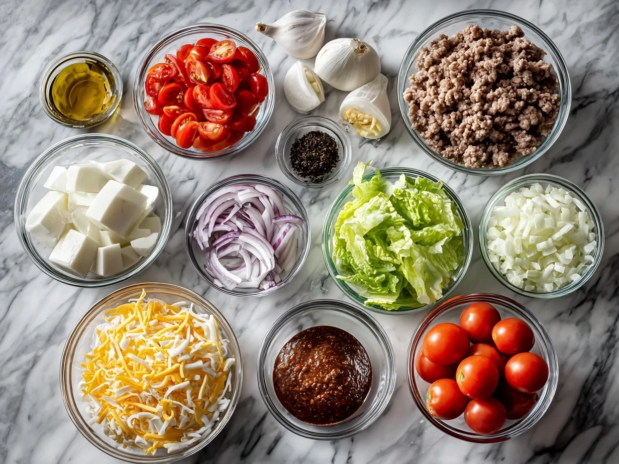 Ingredients for Big Mac Wraps including ground beef, lettuce, onion, pickles, cheese, tortillas, and special sauce.