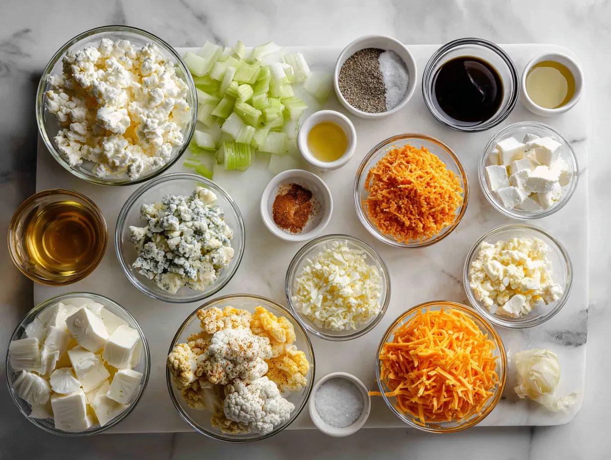 Ingredients for Slow Cooker Buffalo Chicken Dip including shredded chicken, cream cheese, ranch dressing, buffalo wing sauce, cheddar cheese, and blue cheese crumbles.