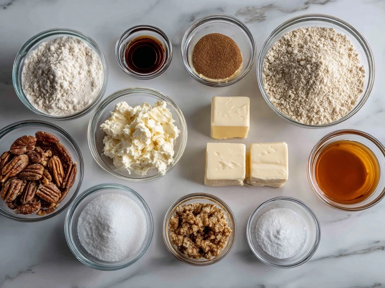 Ingredients for caramel apple cheesecake bars laid out on a marble surface