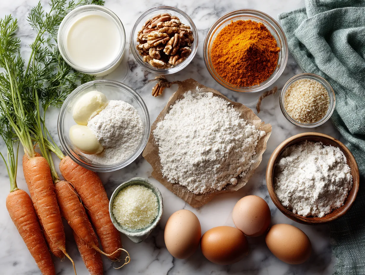 Ingredients for making Carrot Cake Banana Bread including bananas, flour, carrots, and spices.