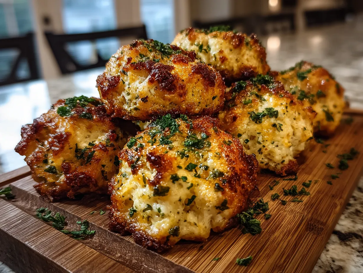 Cheddar Bay Biscuit Sausage Balls Displayed on a Wooden Cutting Board