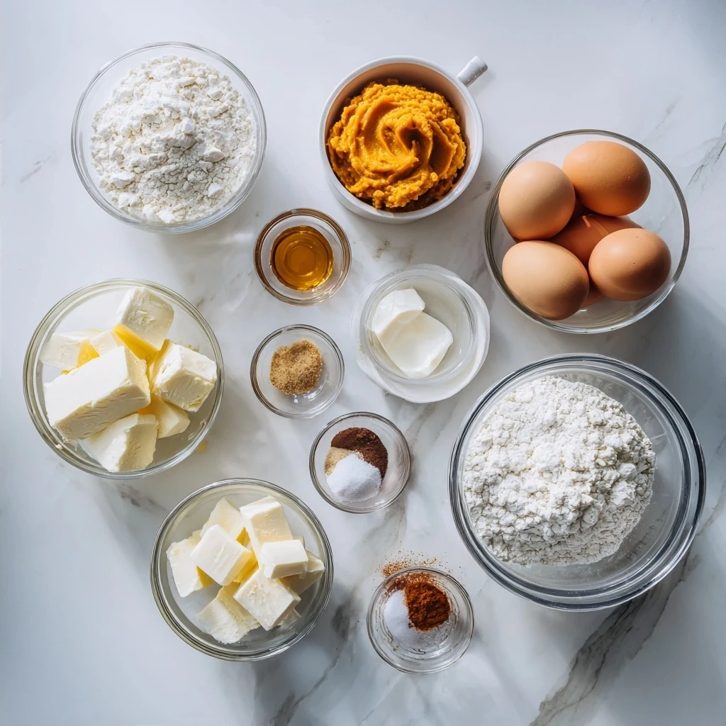 Ingredients for Cheesecake with Pumpkin Swirl: graham crackers, butter, sugar, cream cheese, vanilla extract, eggs, sour cream, pumpkin puree, pumpkin pie spice, and cinnamon